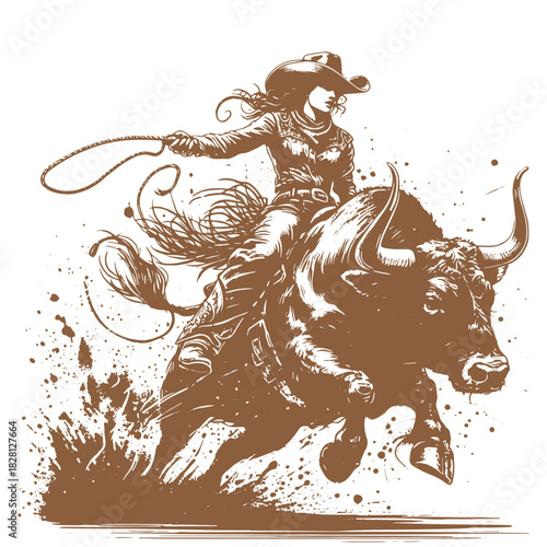 Cowgirl bull rider with bull kicking up back legs sketch on white background.