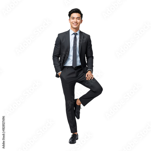 Stylish Man Dressed in Gray Suit With Black Tie Posing Confidently Indoors Du...