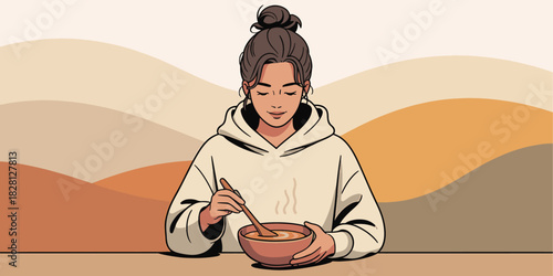 Cozy Woman Enjoying Hot Soup in Minimalist Autumn Illustration