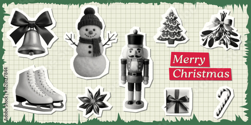 merry christmas collage set with traditional festive holiday elements snowman mistletoe candy cane ice skates gift box bell star anise xmas gingerbread nutcracker retro halftone greeting card design