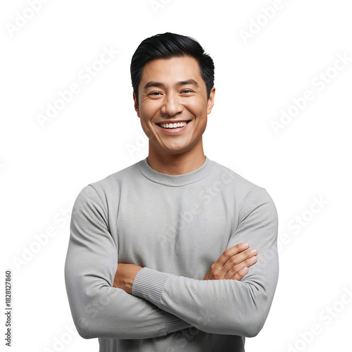 Smiling Man in Gray Sweater With Arms Crossed Against a White Background