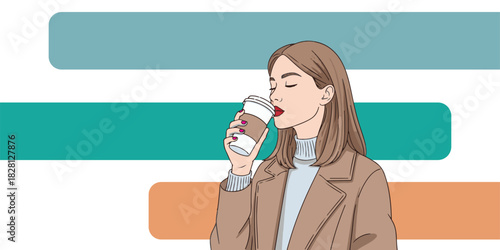 Woman Drinking Coffee Modern Urban Lifestyle Illustration.