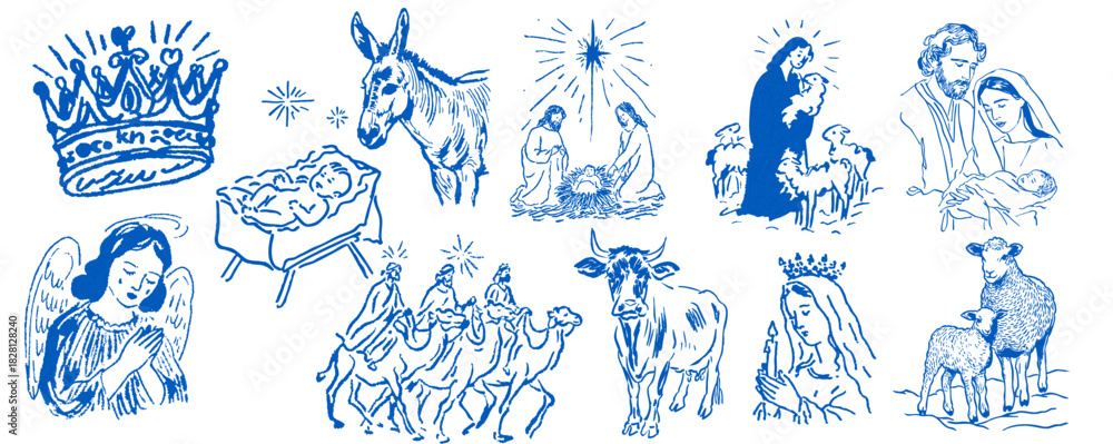 Fototapeta premium Traditional sketch illustrations of the christian nativity story and religious figures