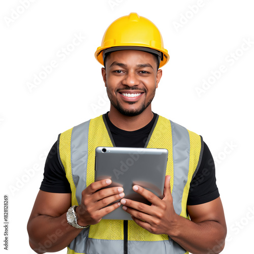 Construction Worker Smiling While Using a Tablet at the Job Site During the Day