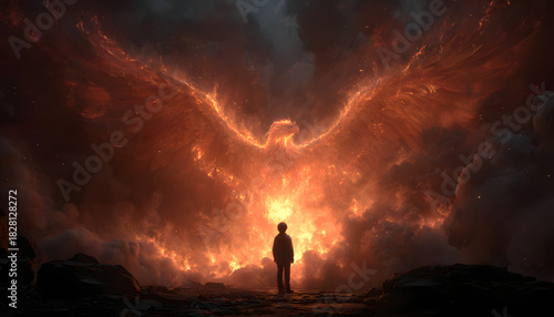 Phoenix rises from ashes. Person watching reborn bird. Concept of rebirth, transformation, hope. Rising after failure. Overcoming adversity. Man looking at mythical creature. Strength, freedom