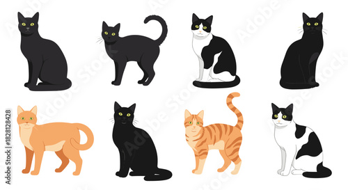 A collection of cute cartoon cats in various breeds and poses such as sitting standing and walking isolated on a white background.