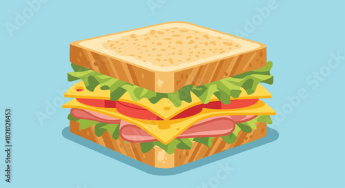 A delicious and fresh club sandwich cartoon illustration with layers of ham cheese lettuce and tomato on a solid blue background.