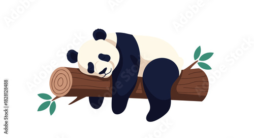An adorable cartoon giant panda bear sleeping peacefully on a large tree log with a few green leaves isolated on a white background.