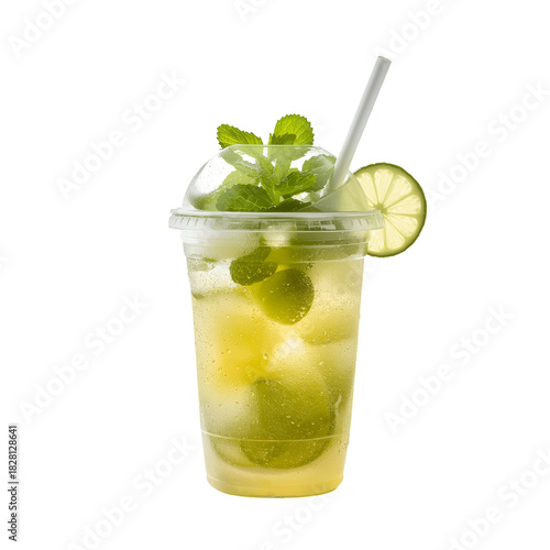 Refreshing Lime Drink Served in Clear Cup With Mint Leaves on Top and a Slice...