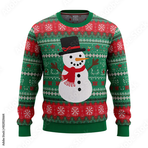 Festive Winter Sweater Featuring a Cheerful Snowman and Snowflakes in Vibrant...