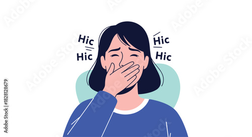 A cartoon illustration of a young woman suffering from a bout of hiccups and covering her mouth with her hand in discomfort.