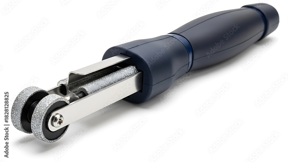Fototapeta premium A professional studio close-up of a handheld manual ice skate sharpener tool isolated on a clean white background.