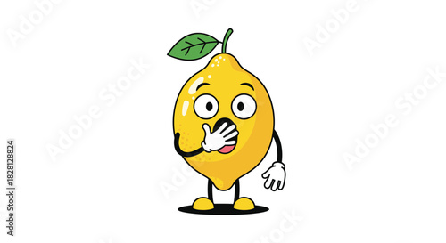 A cute and funny cartoon lemon character mascot looking shocked with wide eyes and a hand covering its mouth in surprise.