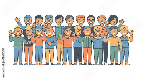 Illustration of a diverse group of people standing together, embracing community and togetherness.