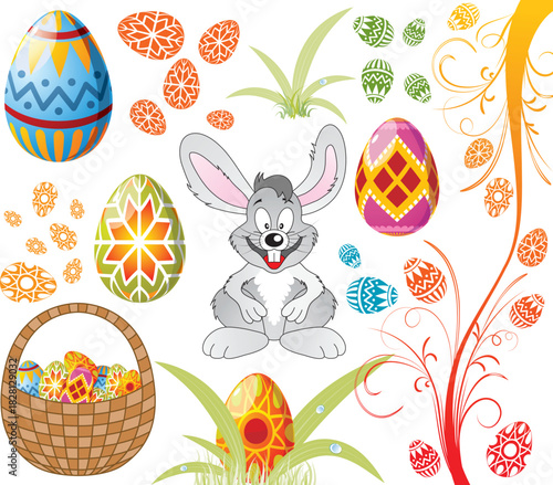 Easter set with eggs, rabbit and basket