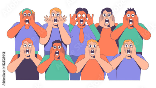 A crowd of people expressing shock and surprise with open mouths and hands on their faces.