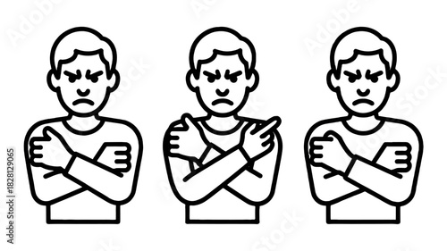 Three angry men with crossed arms in a monochrome line illustration.
