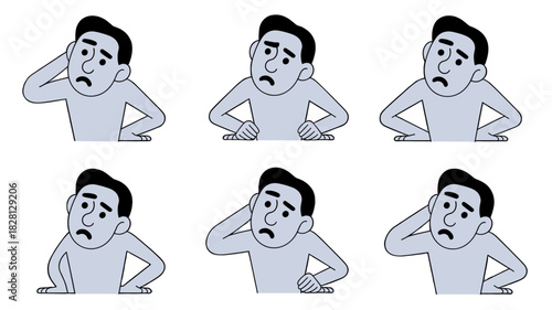 A man with a pensive expression in six different poses.