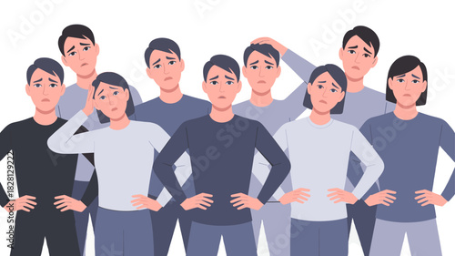 A group of people wearing the same clothing, feeling sad and worried.