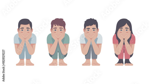 Four individuals in a row sit with their hands under their chins, a thoughtful pose.