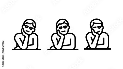 Three illustrations depict a person in a pensive or bored state, hand resting on cheek.