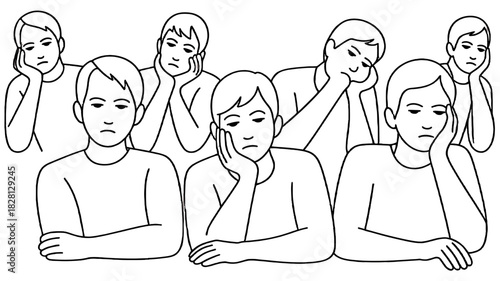 A monochrome illustration of a group of seven people sitting looking bored.