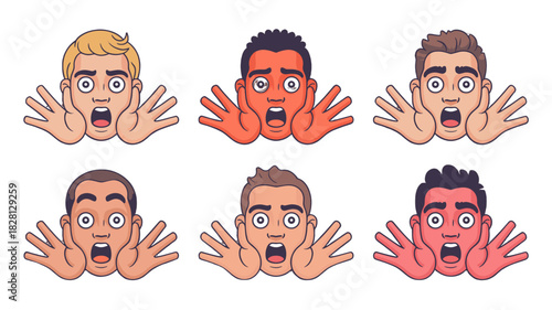 A series of six people with shocked expression and open palms.