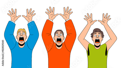 Three people showing shocked expression and raising hands.