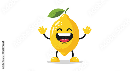 A cheerful and happy cartoon lemon character mascot laughing with a wide open mouth and arms raised in excitement and joy.