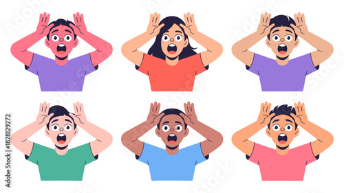 Six individuals display a variety of emotions, from surprise to panic.