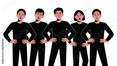 Five performers expressing amazement, poised with hands on their hips, creating a captivating and intriguing scene.