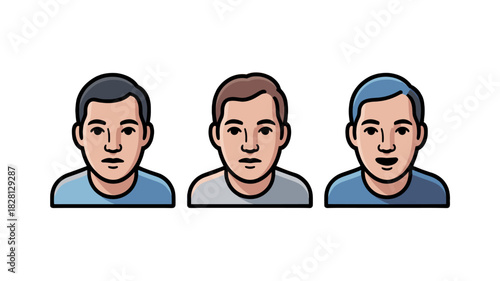 A set of three distinct male portraits, each displaying a different emotion.