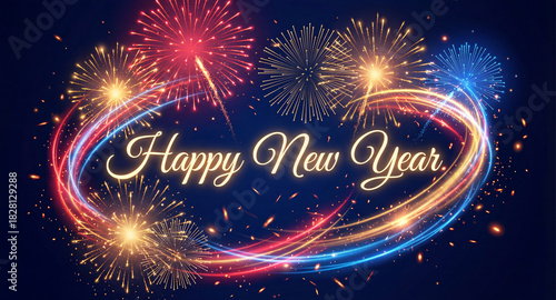 Happy New Year Text with Festive Fireworks Background. Holiday Celebration Design.

