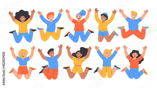 Ten diverse individuals joyfully leaping in the air, expressing pure happiness.