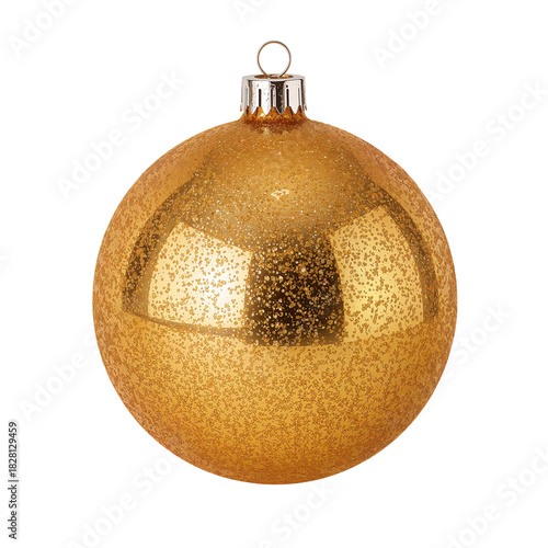 Bright Golden Christmas Ornament With Glitter Shining Against a White Background
