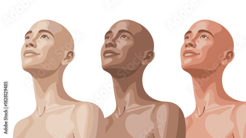 Three diverse individuals with upward gazes and content expressions, representing unity.