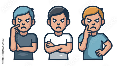 Three figures with a grumpy expression, seemingly frustrated or in deep thought.