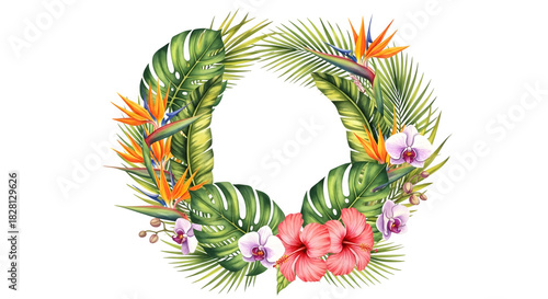 Watercolor tropical wreath with exotic flowers isolated on transparent background