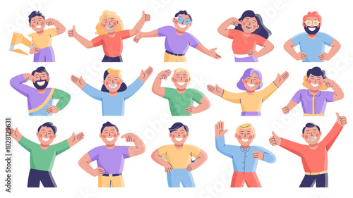 Collection of stylized illustrations showing various happy expressions and poses of different people.