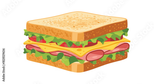 A tasty and fresh club sandwich cartoon illustration with visible layers of ham cheese lettuce and tomato on a white background.