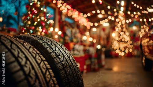 Festive tires in a colorful auto shop with christmas tree and lights