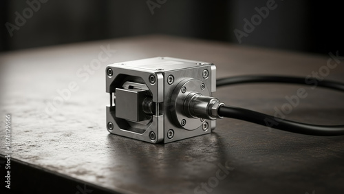 Industrial load cell weighing sensor module on dark metal surface, macro engineering shot
