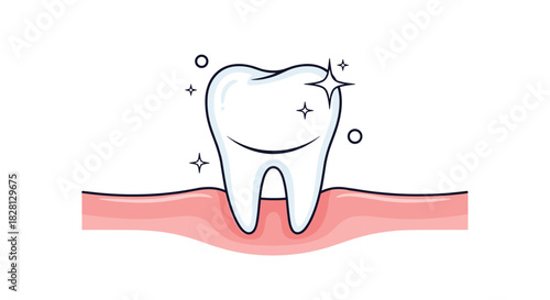A shiny and healthy white tooth character smiling and sparkling in pink gums representing good dental hygiene on white background.