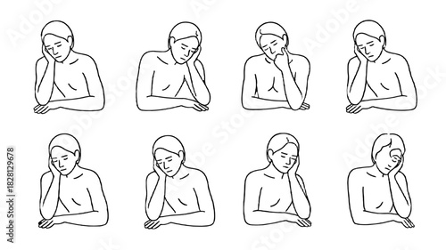 Multiple depictions of a pensive individual.