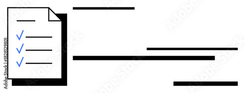 Checklist document with three blue checkmarks, associated text lines, and horizontal black lines representing structure and progress. Ideal for planning, tasks, organization, productivity