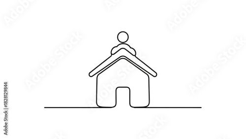 Simple, elegant one-line drawing of person in house, minimalist design for real estate or family concept, homeownership and belonging, stay home symbol