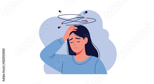 An illustration of a young woman experiencing dizziness or a severe headache with swirling lines around her head on a blue background.