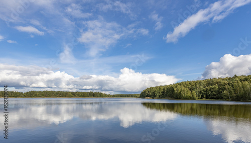 Calm lake with a blue sky in the background