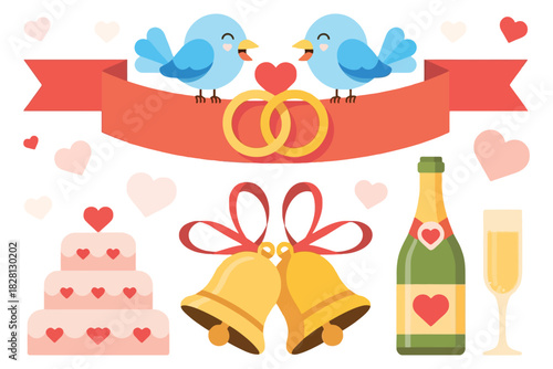 A festive collection of wedding symbols including lovebirds, rings, a cake, bells, and champagne.