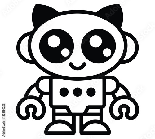 A cute, stylized robot with large, expressive eyes and cat-like ears smiles.